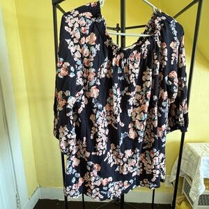 J. Jill Black Floral Peasant Blouse with Pink and Cream Blooms